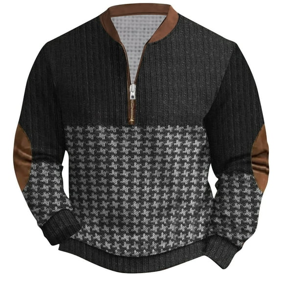 Aimik Whitecloths Life Clothing Men Quarter Zip Pullover Sweatshirt Winter Vintage Knit Print Zip-up Sweatshirt Tops-Black XXXL