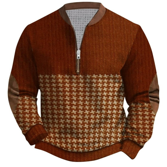 Aimik Whitecloths Life Clothing Men Quarter Zip Pullover Sweatshirt Winter Vintage Knit Print Zip-up Sweatshirt Tops-Orange XXL