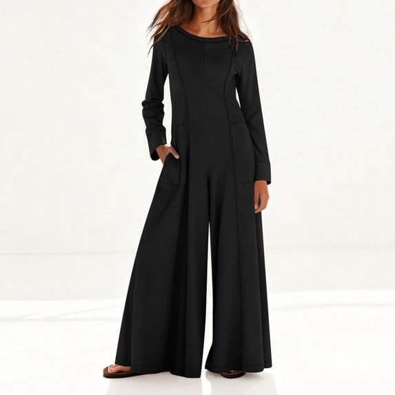 Aimik Jumpsuits for Women Casual Long Sleeve Crew Neck Wide Leg Jumpsuits Fall Fashion Loose Womens One Piece Overalls for Vacation