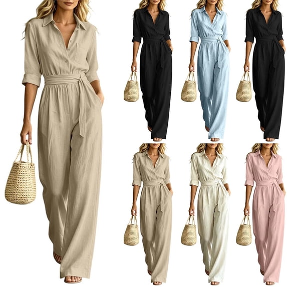 Aimik Jumpsuits for Women Fashion 3/4 Sleeve Lapel Belted Wide Leg Jumpsuits Summer Fall Womens One Piece Overalls