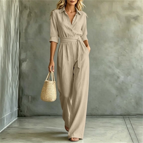 Aimik Jumpsuits for Women Fashion 3/4 Sleeve Lapel Belted Wide Leg Jumpsuits Summer Fall Womens One Piece Overalls