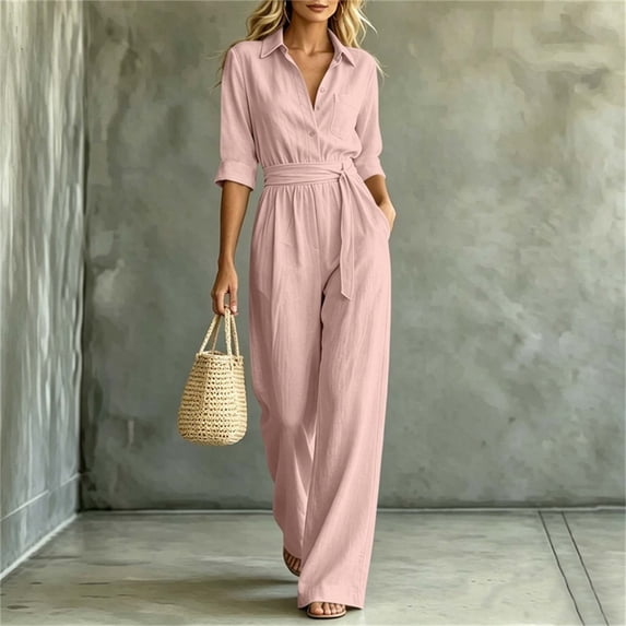 Aimik Jumpsuits for Women Fashion 3/4 Sleeve Lapel Belted Wide Leg Jumpsuits Summer Fall Womens One Piece Overalls
