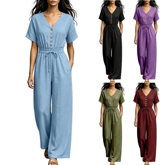 Aimik Jumpsuits for Women Short Sleeve V Neck Drawstring Wide Leg Jumpsuits Summer Trendy Womens One Piece Overalls for Vacation