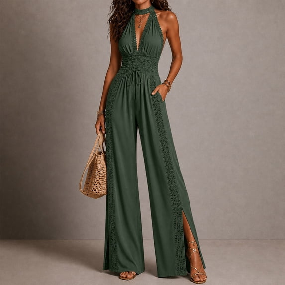 Aimik Jumpsuits for Women Trendy Sleeveless Halter Ruched Wide Leg Jumpsuits Fall Fashion Dressy Womens One Piece Rompers for Vacation