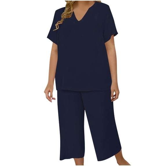 Aimik Ladies' Plus Size Plain Two-Piece Sets Short Sleeve V Neck Tops and Wide Leg Long Pants Oversized Womens Sets