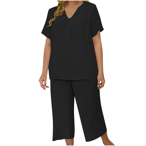 Aimik Ladies' Plus Size Plain Two-Piece Sets Short Sleeve V Neck Tops and Wide Leg Long Pants Oversized Womens Sets