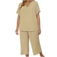 thumbnail image 1 of Aimik Ladies' Plus Size Plain Two-Piece Sets Short Sleeve V Neck Tops and Wide Leg Long Pants Oversized Womens Sets, 1 of 6