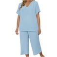 thumbnail image 1 of Aimik Ladies' Plus Size Plain Two-Piece Sets Short Sleeve V Neck Tops and Wide Leg Long Pants Oversized Womens Sets, 1 of 6