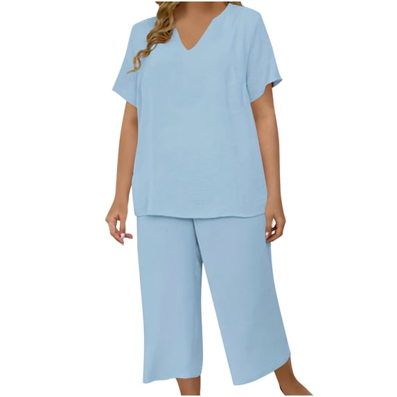 Aimik Ladies' Plus Size Plain Two-Piece Sets Short Sleeve V Neck Tops and Wide Leg Long Pants Oversized Womens Sets