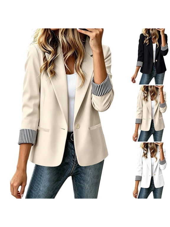 Lightweight Business Balzer for Women Long sleeve Silm Fit Suit Jacket One Button Notched Lapel Work Blazer,Beige,XL