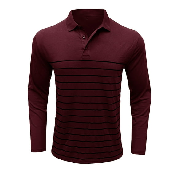 Aimik Long Sleeve Polo Shirts for Men S - 2Xl Slim Fit Collared Cotton Blend Full Sleeve Casual Workwear Shirt Sporty Striped Printed Lapel Polo Shirts-Wine XXL