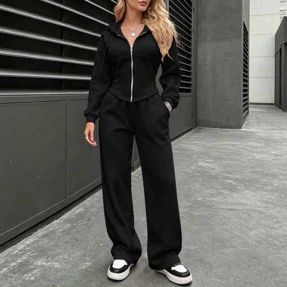 Aimik Lounge Outfit Sets Women Zip Up Crop Hoodie and Wide Leg Sweatpants Set Fall Winter Casual Outfits Sweatsuits