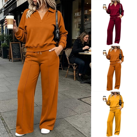 Aimik Lounge Sets for Women Long Sleeve V Neck Top and Wide Leg Pants Fall Winter Casual Outfits Sweatsuits with Pockets