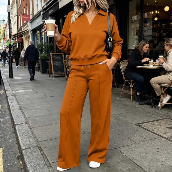 Aimik Lounge Sets for Women Long Sleeve V Neck Top and Wide Leg Pants Fall Winter Casual Outfits Sweatsuits with Pockets