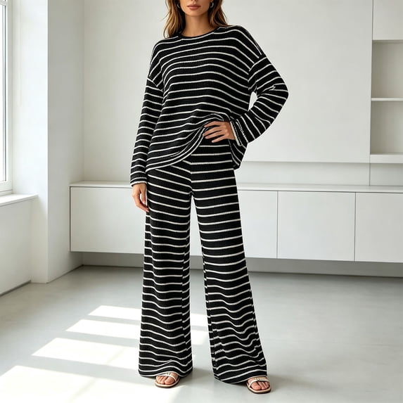 Aimik Lounge Sets for Women Striped Long Sleeve Crewneck Top and Wide Leg Long Pants Set Fall Winter Casual Womens Striped Set