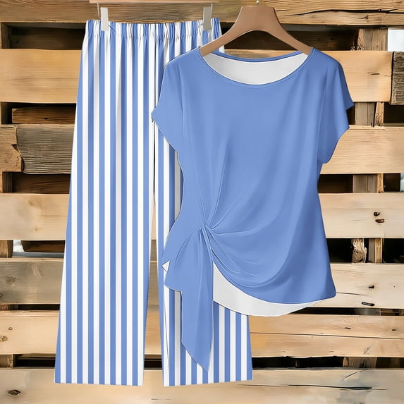 Aimik Lounge Sets for Women Twist Front Top and Striped Wide Leg Pants Summer Casual Womens Outfits Womens Striped Vacation Outfits