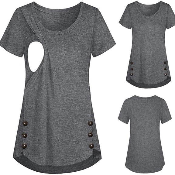 Aimik Maternity Crew Neck Layered Breast-Feeding Tops Pregnant Short Sleeves Shirts Woman Solid Breastfeeding Clothes Nursing Tunic Blouse