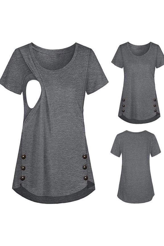 Maternity Crew Neck Layered Breast-Feeding Tops Pregnant Short Sleeves Shirts Woman Solid Breastfeeding Clothes Nursing Tunic Blouse