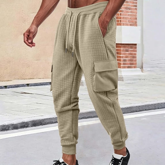 Aimik Men's 100%Cotton Waffle Knit Joggers Cargo Pant with Pocket Drawstring Soft Warm Elastic Sweatpants for Fall Winter