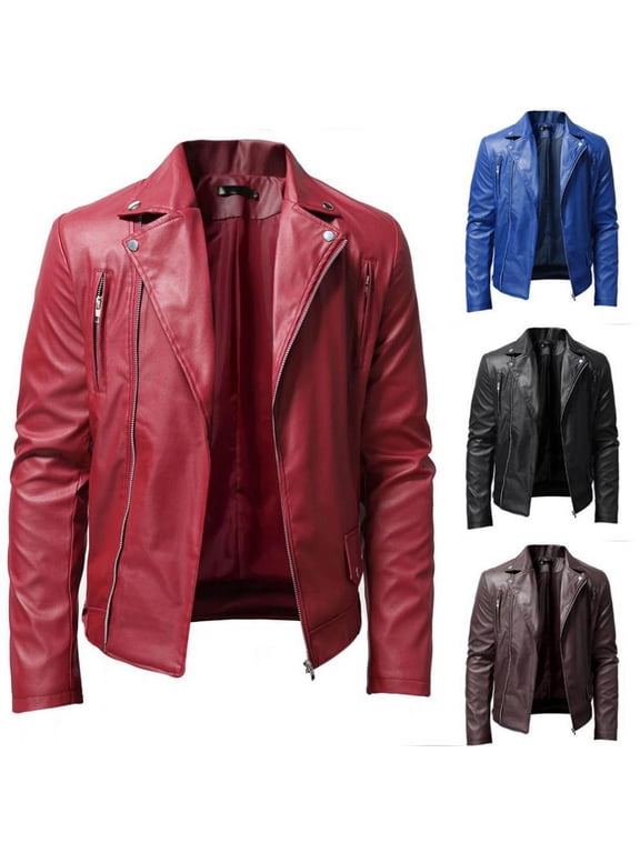 Men's Asymmetrical Zip Moto Leather Jacket with Snap-down Lapels Slim Fit Biker Style Faux Leather Coat