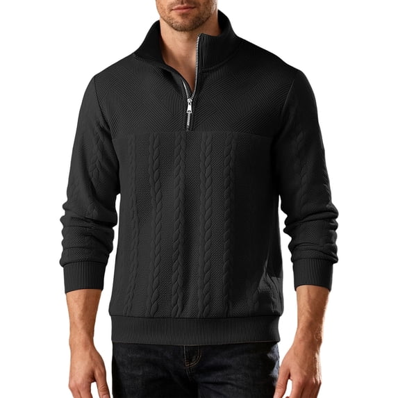 Aimik Men's Cable Knit Quarter Zip Sweater Textured Stand Collar Pullover with Paneled Design Stylish Winter Warm Knitwear Top