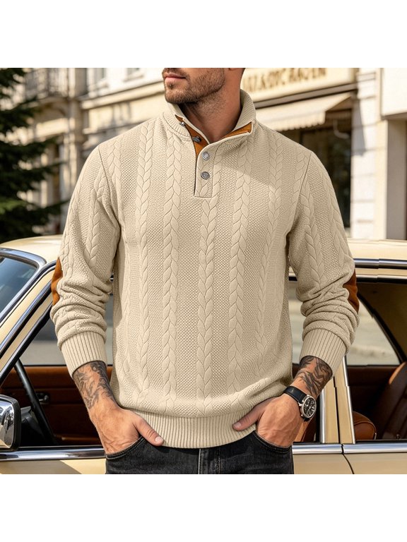 Men's Cable Knit Quarter Zip Sweater with Elbow Patches Vintage Mock Neck Pullover Classic Textured Winter Top for Men