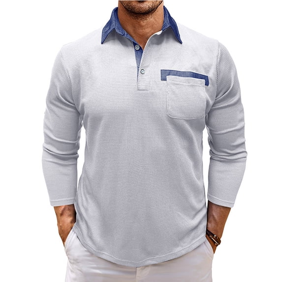 Aimik Men's Contrast Collar Long Sleeve T Shirt with Chest Pocket Color Block Button Up Tops Breathable Golf Tee for Sporty