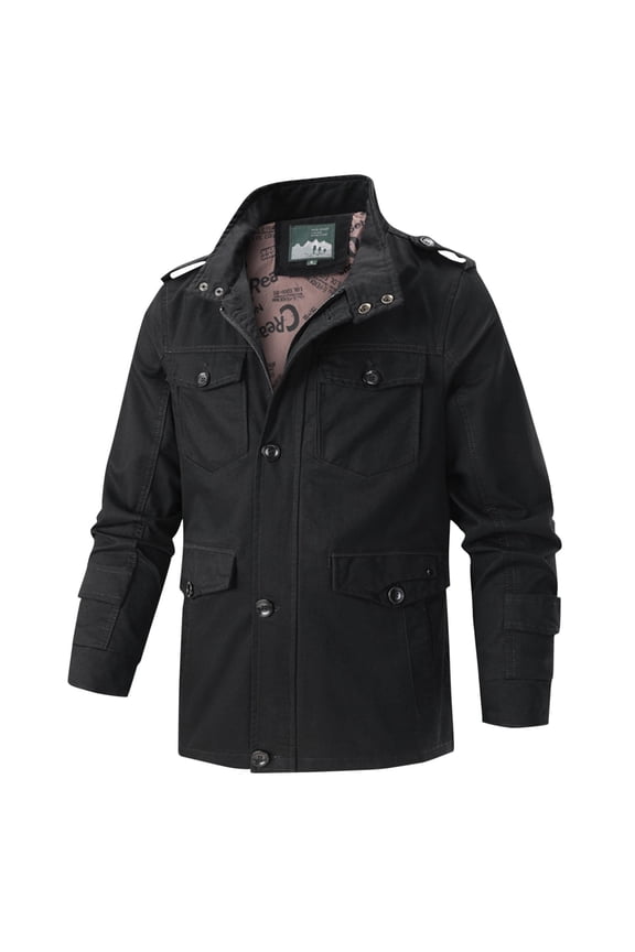 Men's Cotton Lightweight Multi Pockets Zip Front Stand Collar Military Jackets Windbreaker Hiking Cargo Casual Jacket Coat-Black L