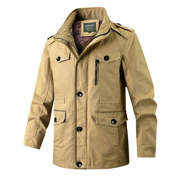 Aimik Men's Cotton Lightweight Multi Pockets Zip Front Stand Collar Military Jackets Windbreaker Hiking Cargo Casual Jacket Coat-Khaki L