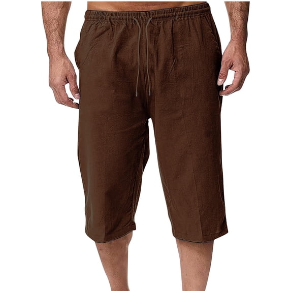 Aimik Men's Cotton Linen 3/4 Capri Pants Drawstring Cropped Trousers Breathable Lightweight Summer Cropped Pant for Beach Vacation