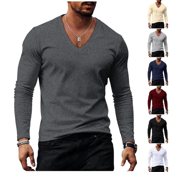 Aimik Men's Deep V-Neck Long Sleeve T-Shirt Solid Color Slim Fit Soft Comfort Casual Layering Top for Fall Winter