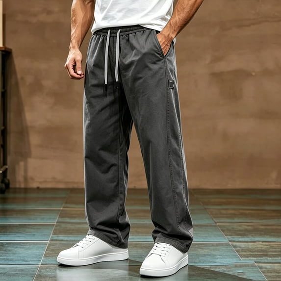 Aimik Men's Drawstring Casual Trousers Straight Leg Relaxed Pants Lightweight Breathable Long Pant for Summer Daily Commute