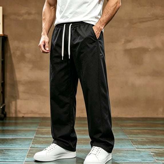 Aimik Men's Drawstring Casual Trousers Straight Leg Relaxed Pants Lightweight Breathable Long Pant for Summer Daily Commute