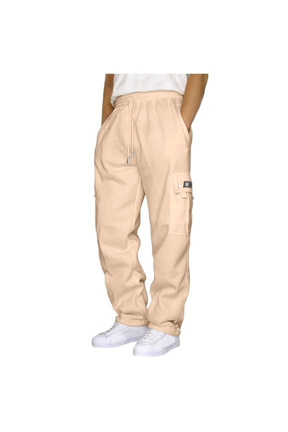 Men's Fleece Cargo Sweatpants Open Bottom Drawstring Baggy Joggers Loose Fit Tech Athletic Workout Gym Pants -Beige XXXXXL