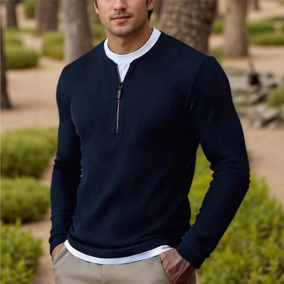 Aimik Men's Layered Quarter Zip Sweatshirt Ribbed Knit Contrast Collar Trim Soft Warm Smart Casual Golf Top