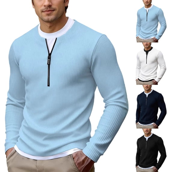 Aimik Men's Layered Quarter Zip Sweatshirt Ribbed Knit Contrast Collar Trim Soft Warm Smart Casual Golf Top