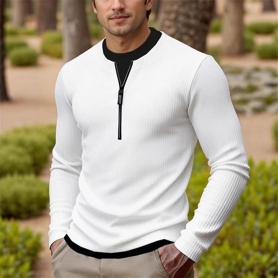 Aimik Men's Layered Quarter Zip Sweatshirt Ribbed Knit Contrast Collar Trim Soft Warm Smart Casual Golf Top