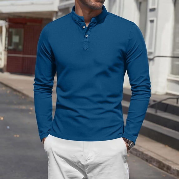 Aimik Men's Long Sleeve Shirt Stand Collar Button Placket Slim Fit Soft Stretch Cotton Blend Casual Golf Top