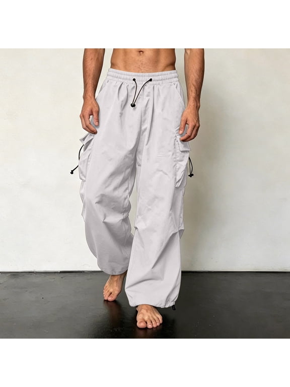 Men's Oversized Techwear Cargo Pants Baggy Wide Leg Joggers with Drawstring Hem Lightweight Streetwear Trousers