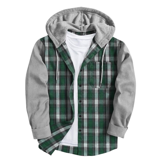 Aimik Men's Plaid Button Down Hoodie Jacket with Solid Color Sleeves Patchwork Casual Lightweight Long Sleeve Top for Fall Winter