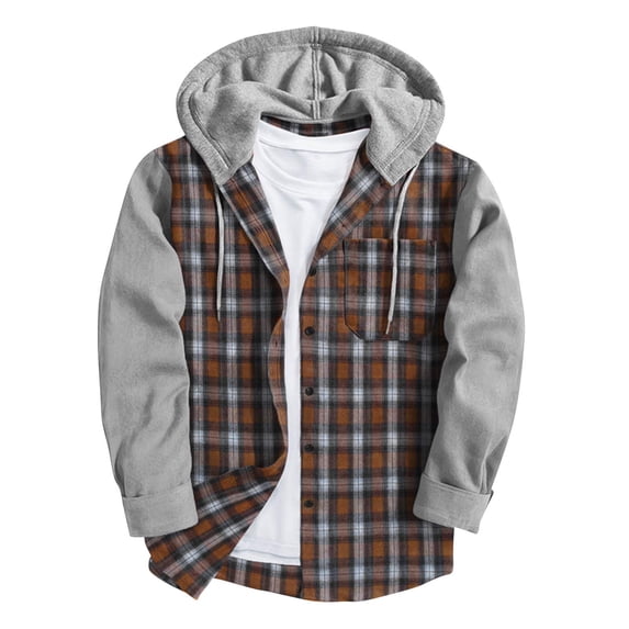 Aimik Men's Plaid Button Down Hoodie Jacket with Solid Color Sleeves Patchwork Casual Lightweight Long Sleeve Top for Fall Winter