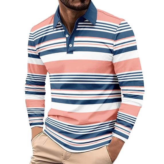 Aimik Men's Polo Shirts Long Sleeve Button Down Contrast Collar Oversized Striped Shirts All Seasons Soft Quick Dry Comfortable Tee