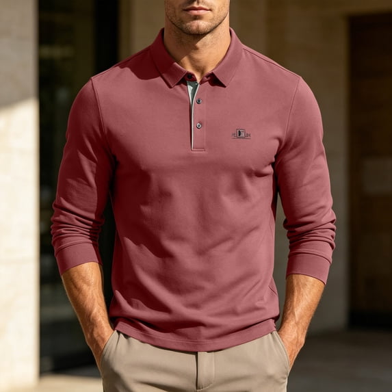 Aimik Men's Polo Shirts Long Sleeve Button Down Solid Casual Shirts Spring Autumn Lightweight Soft Collared Golf Tee,Red,XXL