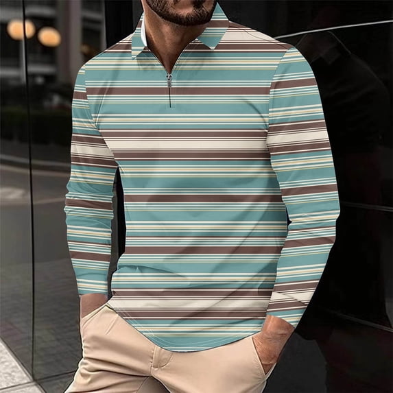 Aimik Men's Polo Shirts Long Sleeve Button Quarter Zip Contrast Collar Oversized Striped Shirts All Seasons Soft Quick Dry Comfortable Tee,Green,S