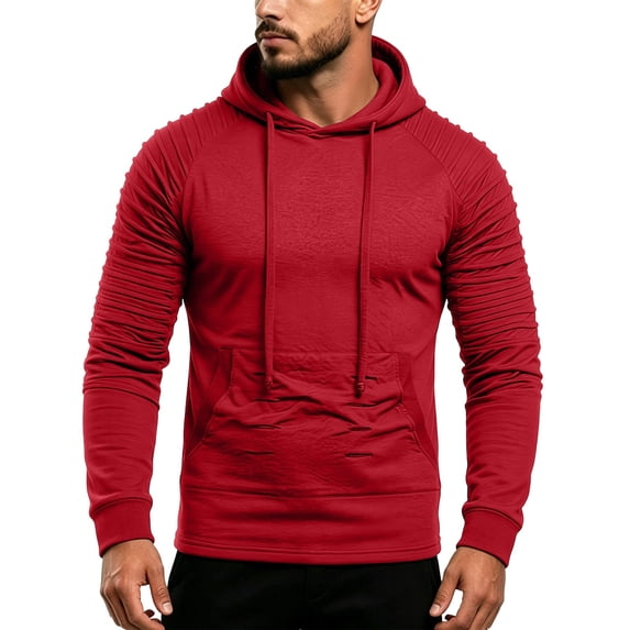 Aimik Men's Ruched Long Sleeve Hooded Sweatshirt Slim Fit Athletic Pullover Sporty Gym Training Top with Drawstring