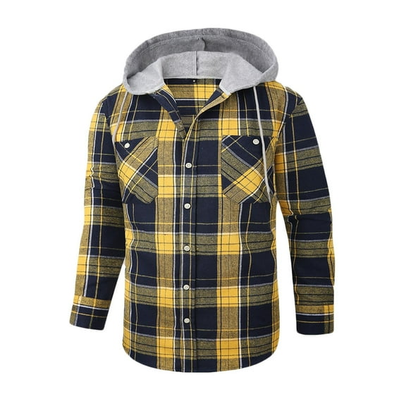 Aimik Men's Sherpa Flannel Jacket with Hood Plaid Zip Up Fleece Lined Hooded Shirt Jackets for Men-Yellow XXL