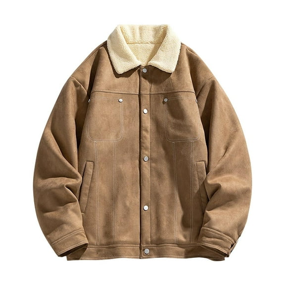 Aimik Men's Sherpa Fleece Lined Suede Jacket with Fur Lapel Collar,Winter Warm Button Down Casual Outerwear Coat-Coffee XL