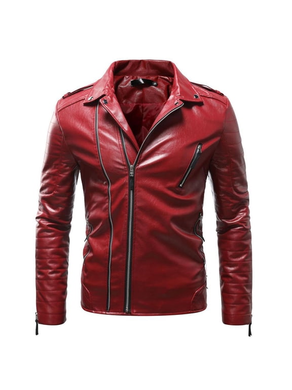 Men's Slim Fit Motorcycle Leather Jacket with Diagonal Zip Front Shoulder Epaulets and Zipper Pockets for Stylish Look