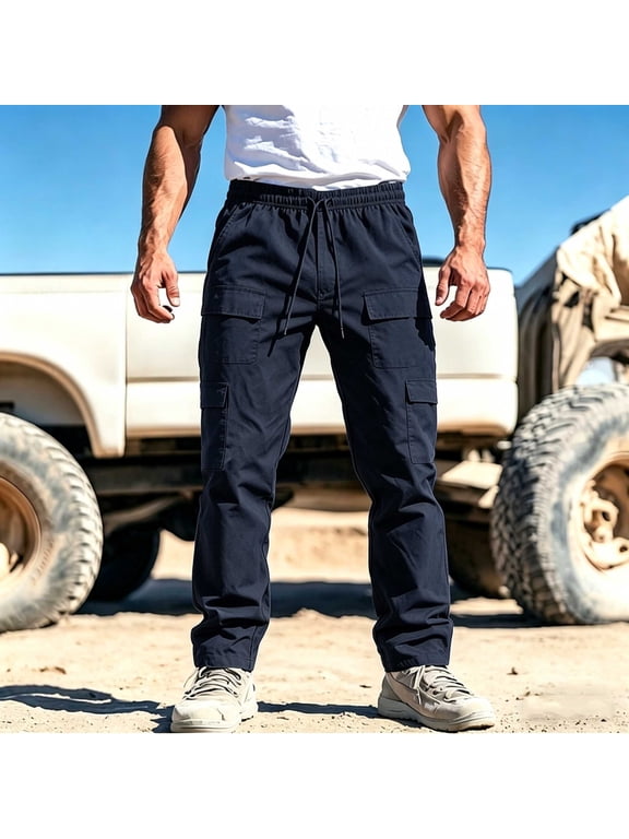 Men's Straight Cargo Pants Multi-Pocket Drawstring Elastic Waist Trousers Lightweight Breathable for Outdoor Hiking Travel