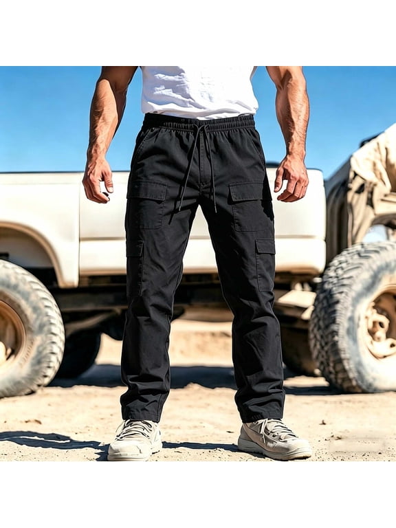 Men's Straight Cargo Pants Multi-Pocket Drawstring Elastic Waist Trousers Lightweight Breathable for Outdoor Hiking Travel